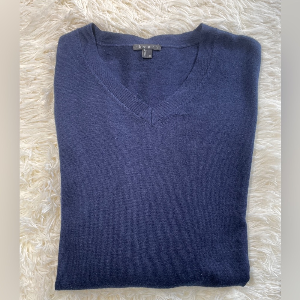 Theory Men's Navy Blue V-Neck Cotton Cashmere Sweater Lightweight size M